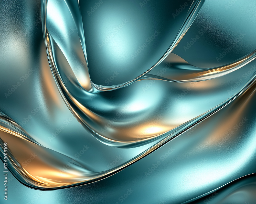 Poster An abstract image showing a smooth flowing metallic texture with teal and gold colors, creating a sense of motion and elegance, symbolizing fluidity and modern design.