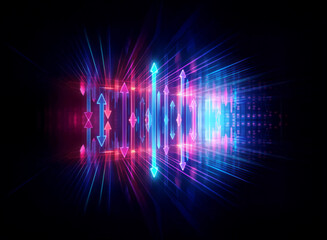 Glowing abstract shapes on black backdrop. Pink, blue light beams, arrows create a dynamic, vibrant, futuristic design.