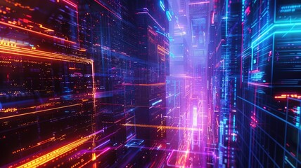 Immerse yourself in this vibrant abstract cyberpunk background featuring glowing lines in blue, purple, and orange. Ideal for technology and digital themes.