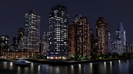 Obraz premium Nighttime Cityscape Illuminating Skyscrapers and Waterfront