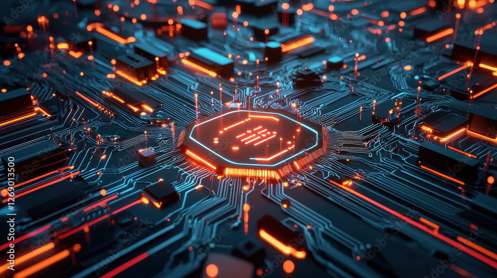 Poster high tech circuit board with glowing elements and intricate patterns