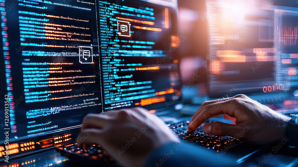Poster person typing on laptop with code displayed on screen, showcasing ethical hacking simulation