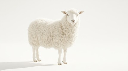 Fototapeta premium Fluffy white sheep standing, studio shot, plain background, farm animal