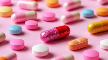 Colorful Assorted Pills and Capsules on Pink Background
