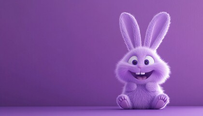 Fototapeta premium 3d Bunny Animation Cartoon Cute Smiling Fluffy Ears Purple Background Copy Space Happy Easter Greeting Card