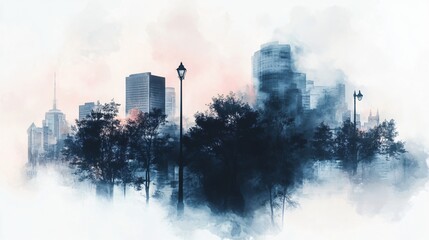 watercolor cityscape featuring buildings, trees, and street lights in a misty, atmospheric style. blue and white dominate the color palette.