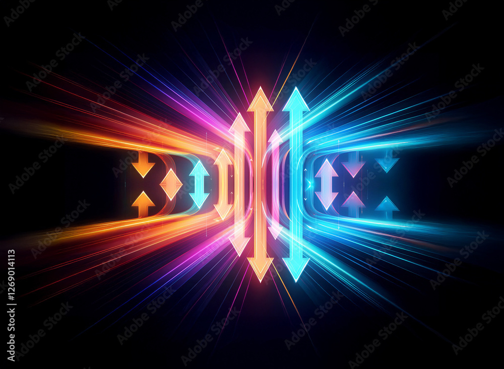Poster Abstract vibrant arrows pointing in opposing directions create dynamic movement against a dark backdrop.  Bright orange and blue hues radiate energy and contrast, suggesting flow and directionality.