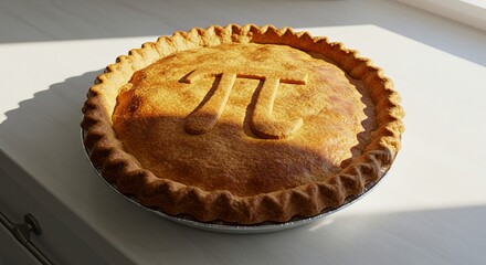 Golden pie crust with pi symbol in sunlit kitchen