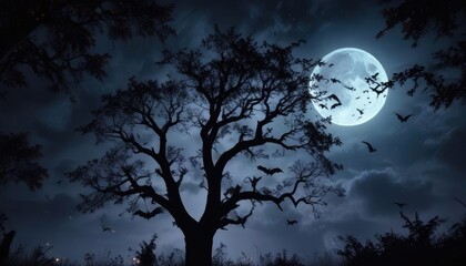 Dark moonlit night with bats flying in a large tree, dark, dark sky, tree