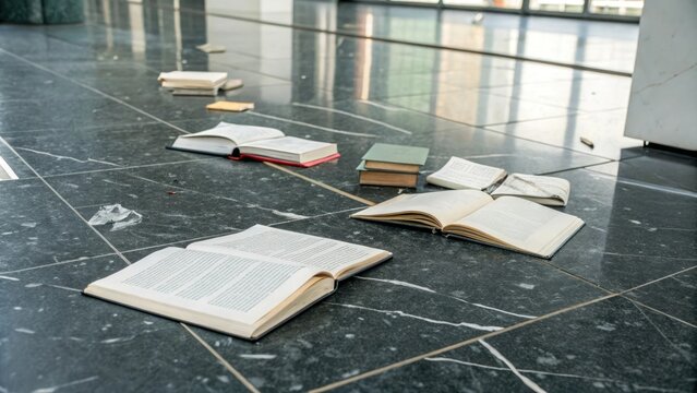Dark grey marble floor with scattered books and papers, academic setting, intellectual pursuits, studious atmosphere, literary theme