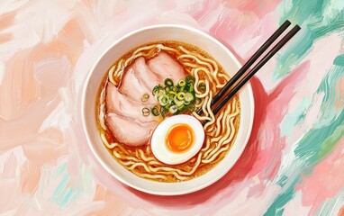 Asian ramen with soft-boiled egg and pork slices on a pastel background
