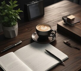 Dark wooden desk with open notebook and pen on it, with a cup of coffee in front, creative zone, morning routine