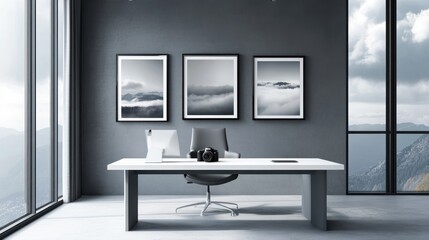 Fototapeta premium Modern office with mountain view, desk, camera, and landscape prints