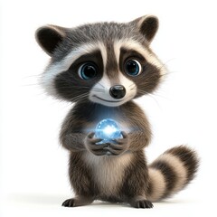 Fototapeta premium Curious raccoon holding a shiny object isolated on white