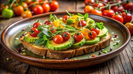 Macro Photography: Fresh Avocado Toast with Cherry Tomatoes & Microgreens on Rustic Pottery