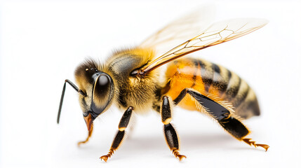 A honey bee, with detailed and clear features, is walking on a centered, isolated cutout on a transparent background under even lighting.