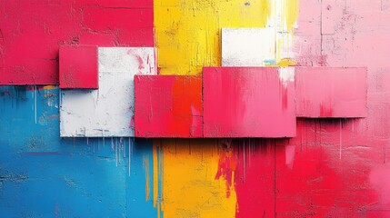 Abstract colorful wall art featuring vibrant blocks of paint in pink, blue, yellow, and white