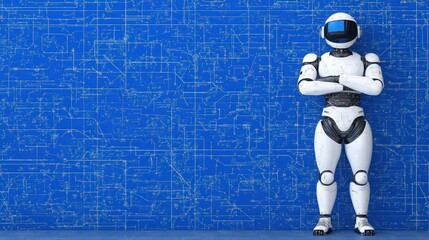 Futuristic Robot Standing Confidently Against a Blue Technical Background with Abstract Lines and Shapes Representing Technology and Innovation