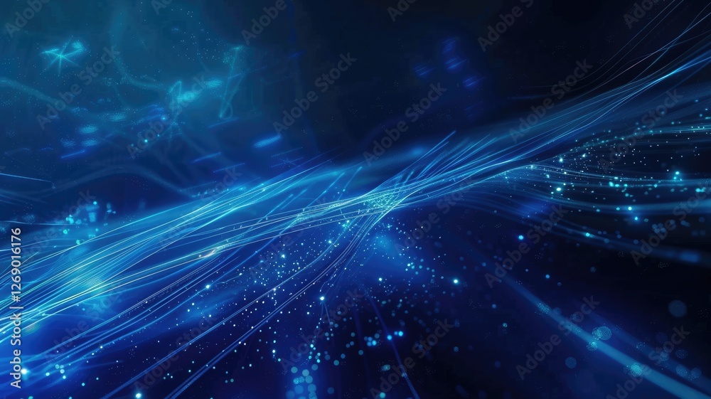 Poster abstract picture micro light sparkling particle represent data flow vivid flowing wave with high tec