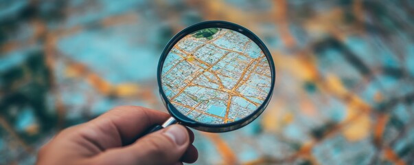 Human Hand Holding Magnifying Glass Over Cadastre Map, 