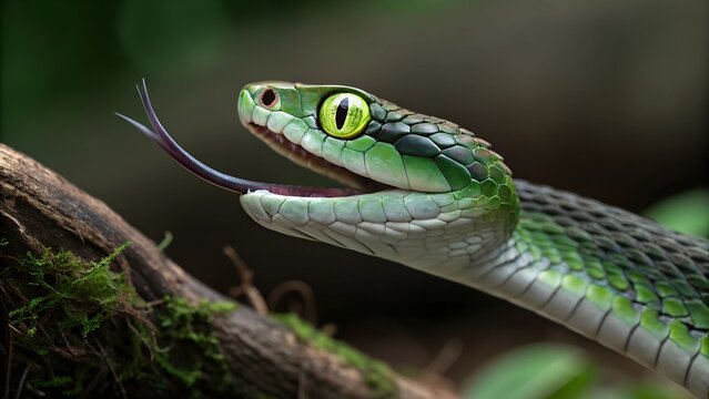 Green Tree Python Close Up: A vibrant green tree python with piercing yellow eyes, its forked tongue flicking in and out, captures the essence of the jungle's mystique.