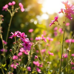 Fototapeta premium Wild dianthus flowers swaying in the breeze with sunshine, spring, blossoms, flowers