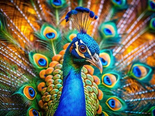 Obraz premium Macro Photography: Vibrant Blue Peacock Feathers, Fan Display, Orange Green Blur Background