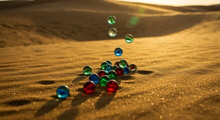 Vibrant marbles scattered on sunny desert sand dunes
