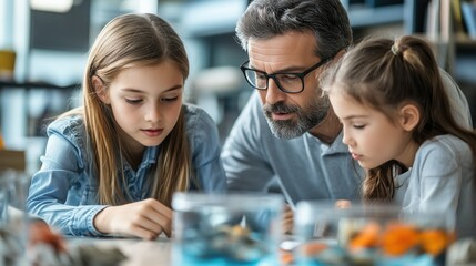 Fototapeta premium Father teaching daughters about marine life in science class