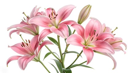 Naklejka premium Pink Lilies Bouquet: Delicate pink lilies in full bloom, showcasing their elegant petals and vibrant color, create a captivating floral arrangement.