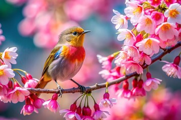 Fototapeta premium Macro Photography: Wild Himalayan Cherry Blossom & Bird on Branch