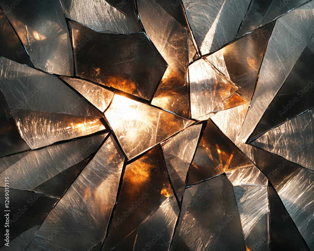 Poster Close-up of shattered glass pieces with light reflections creating a dramatic and abstract pattern, symbolizing breakage, fragility, and destruction.
