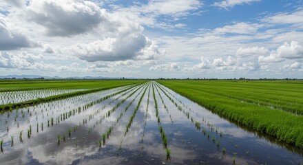 Vibrant rice paddy fields under a cloudy sky with reflections and green growth