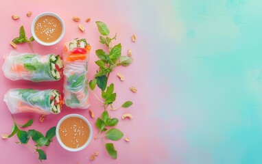 Naklejka premium Fresh summer rolls with peanut dipping sauce on a pastel background