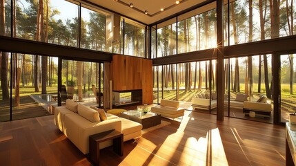 Modern Forest Home: Sunlit Living Room with Panoramic Views
