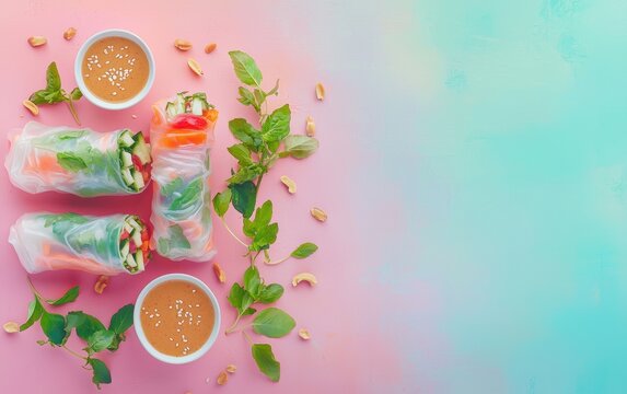 Fresh summer rolls with peanut dipping sauce on a pastel background
