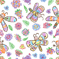 Butterfly floral seamless pattern. Fantastic doodle background crazy flying insect and flower. Crayon like kid`s hand drawn colorful bright funny cartoon art. Pastel chalk or pencil vector