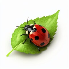 Fototapeta premium Ladybug resting on a green leaf isolated on white