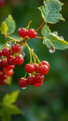 Tiny currant berries ripening in the morning dew, outside, water droplets