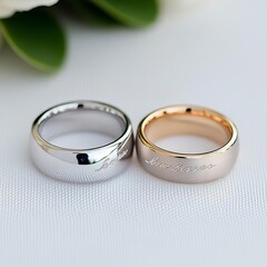 Close-up of custom-engraved wedding rings during the exchange moment