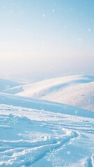 Sparkling snowflakes gently fall on a serene winter landscape, rolling hills, pristine