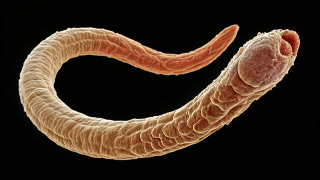 close up of a  hookworm on black background 