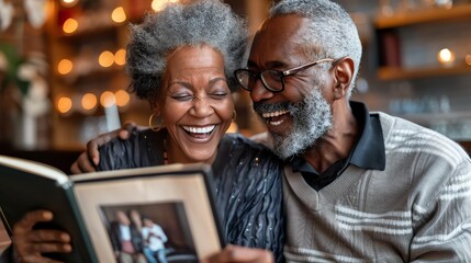 An elderly couple is looking at a photo album. They are both smiling and laughing. The woman has her hand on the man's shoulder.