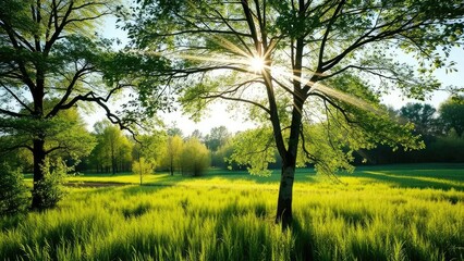 Soft sunbeams filter through the canopy above a solitary birch tree in a lush Dutch meadow, trees, greenery