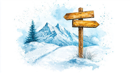 Naklejka premium Rustic Mountain Trail Signpost Watercolor with Snowy Peaks – Winter Adventure Theme