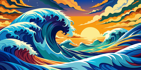 Fototapeta premium Vibrant sunset over the ocean with powerful waves crashing.