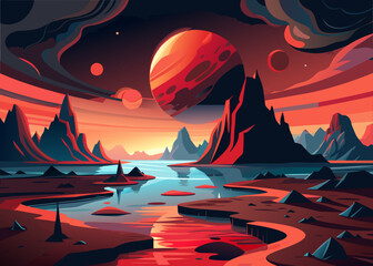 A mysterious alien landscape with large planets and jagged mountains under a red sky.