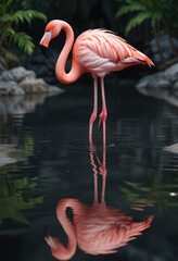 Elegant flamingo wading in shallow water with vibrant reflection below,  symmetry, avian