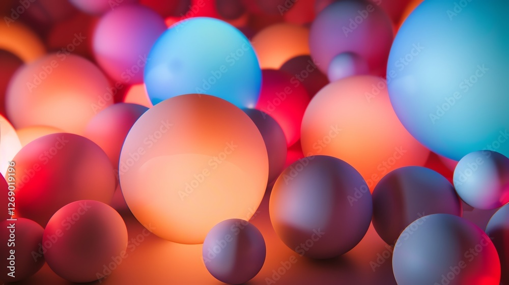 Wall mural 3d rendering of a bunch of glowing spheres. the spheres are of different sizes and colors, and they 