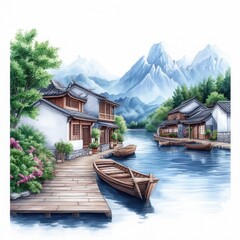Naklejka premium Tranquil Water Village Amidst Majestic Mountains with Traditional Architecture and Serene Boat Docking Scene